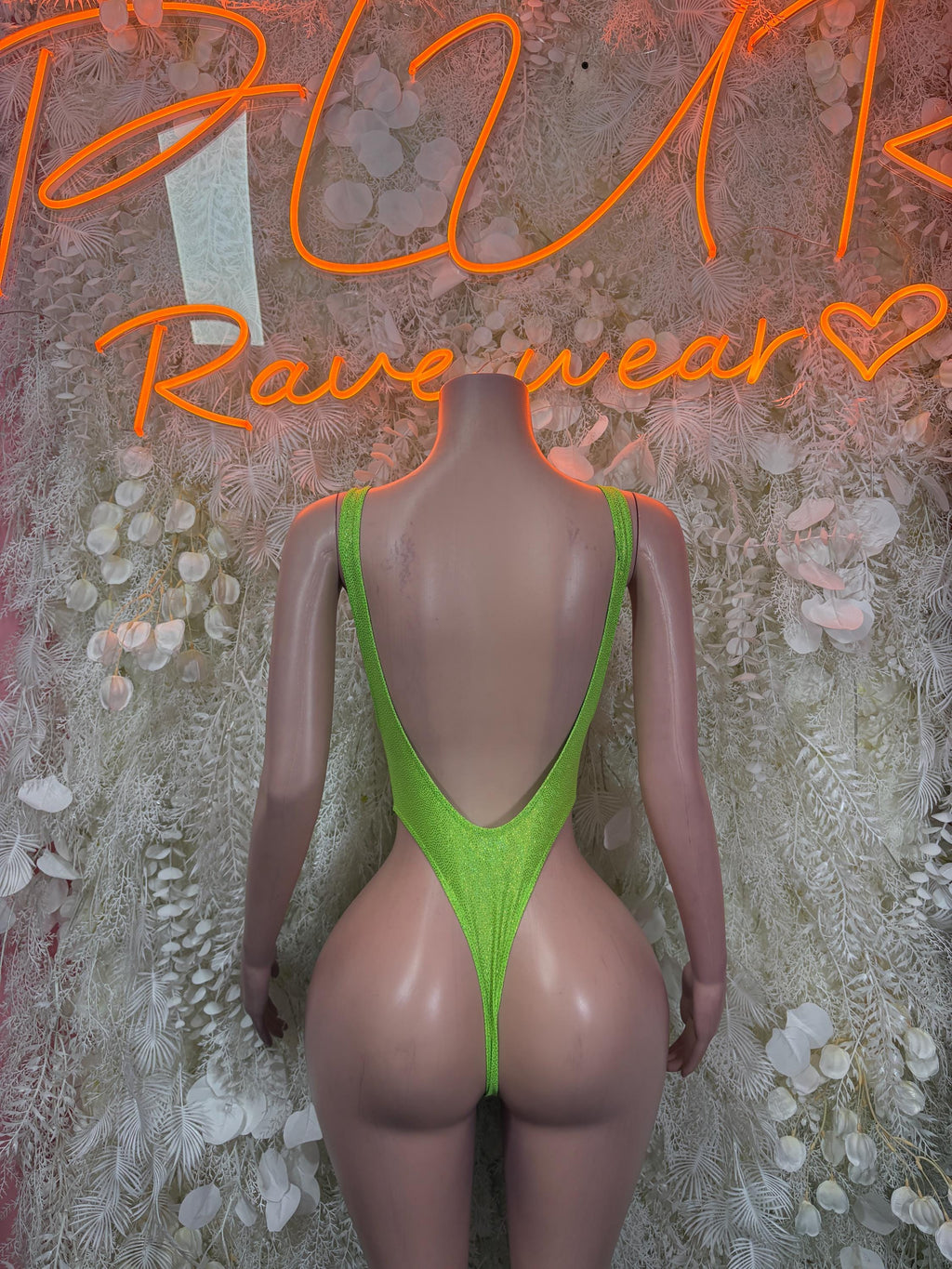 Neon green metallic bodysuit, open back with V-shape and halter shoulder straps