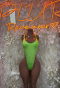 Neon green sequin bodysuit with thong-style coverage, high-cut one-piece