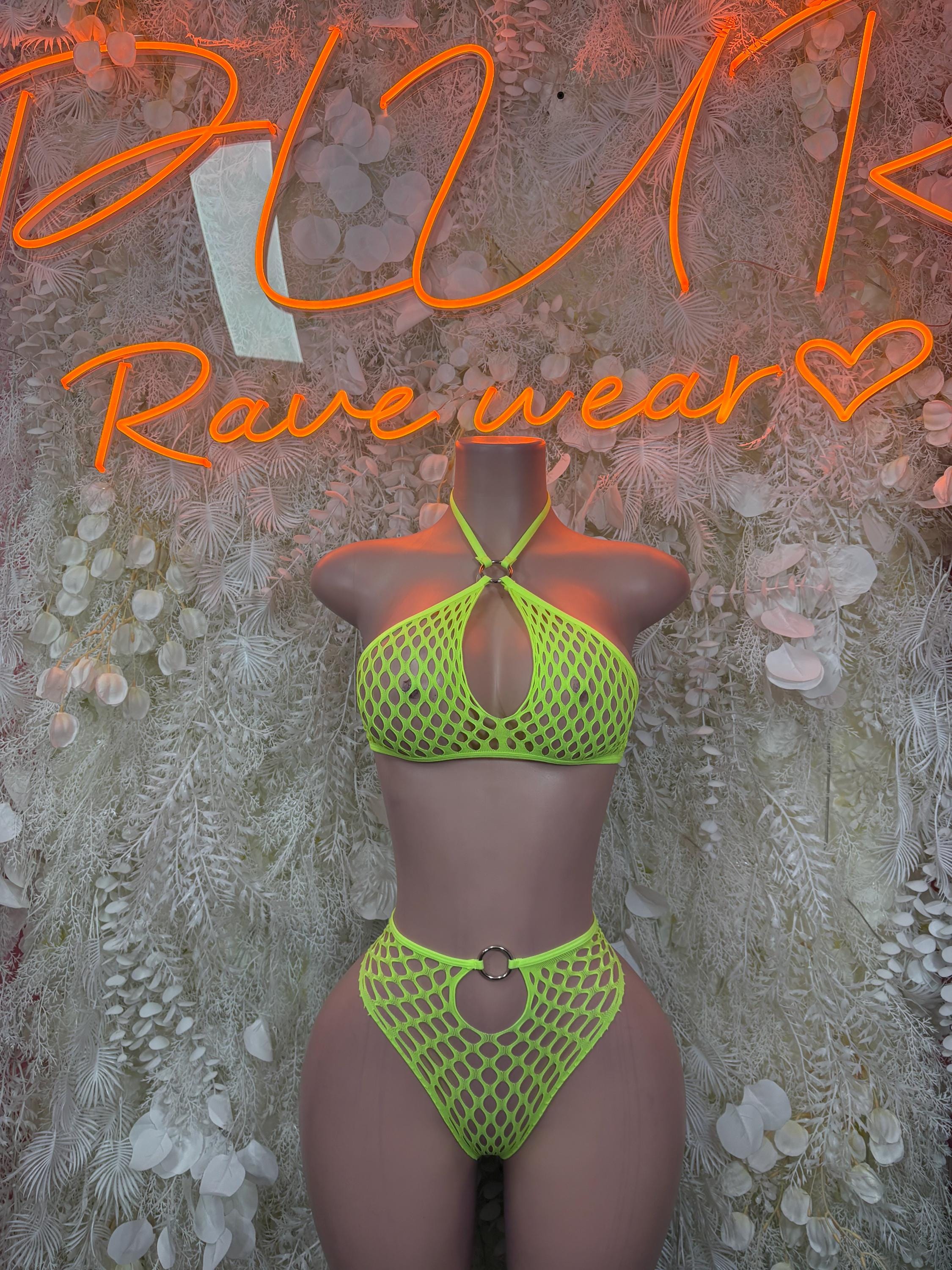 Neon green fishnet halter bra and high-leg thong set with front ring tie