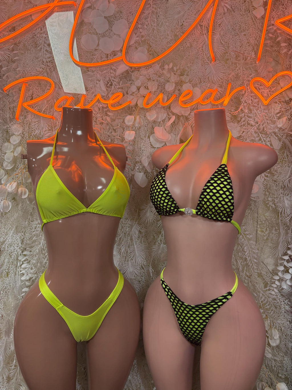 Neon green and green patterned bikini sets with triangle tie tops and high-leg bottoms