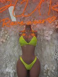 Neon green triangle bikini set with tie-neck top and high-leg bottoms