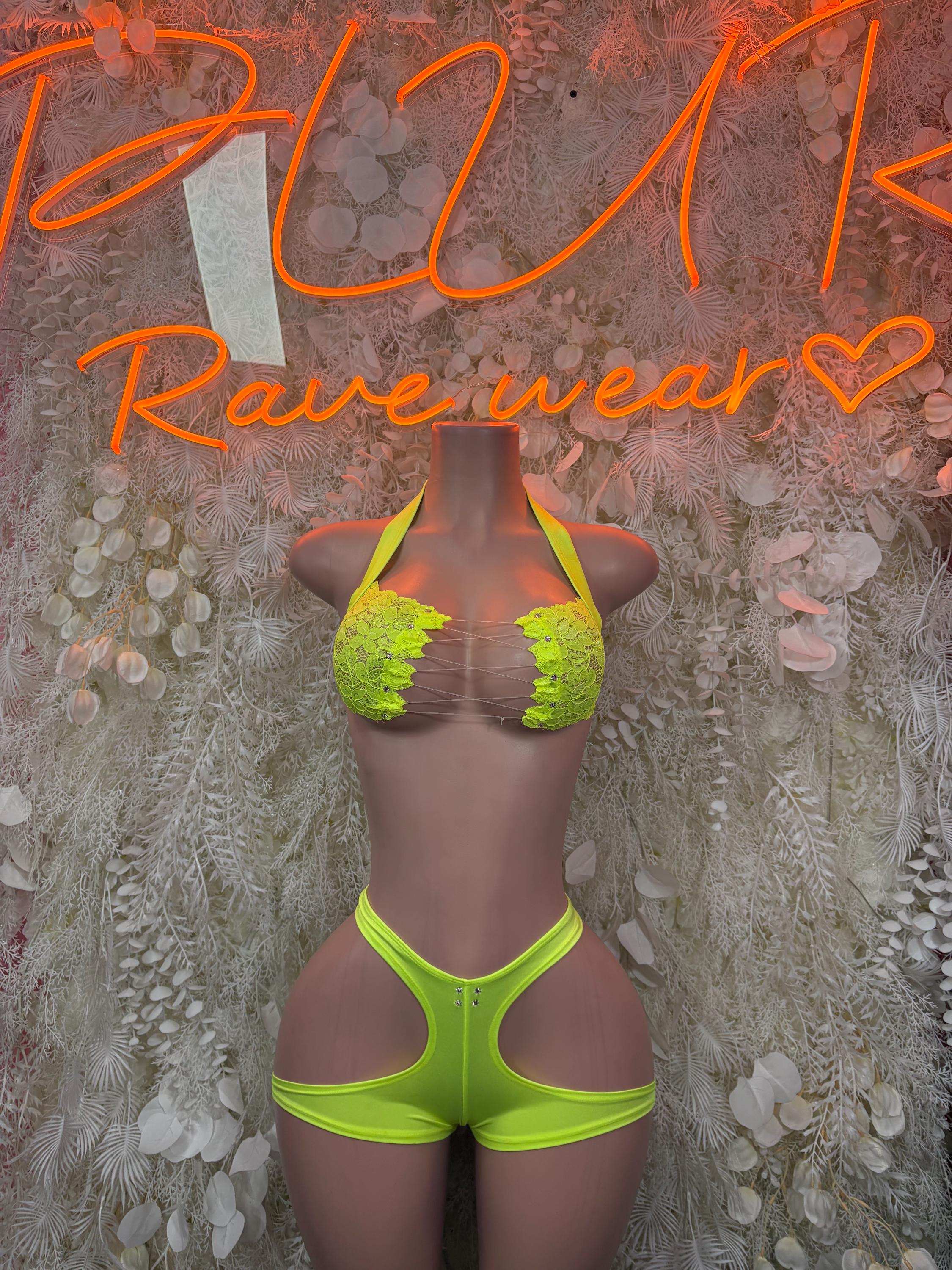 Neon green lace halter crop top with high-cut bikini bottoms, front view