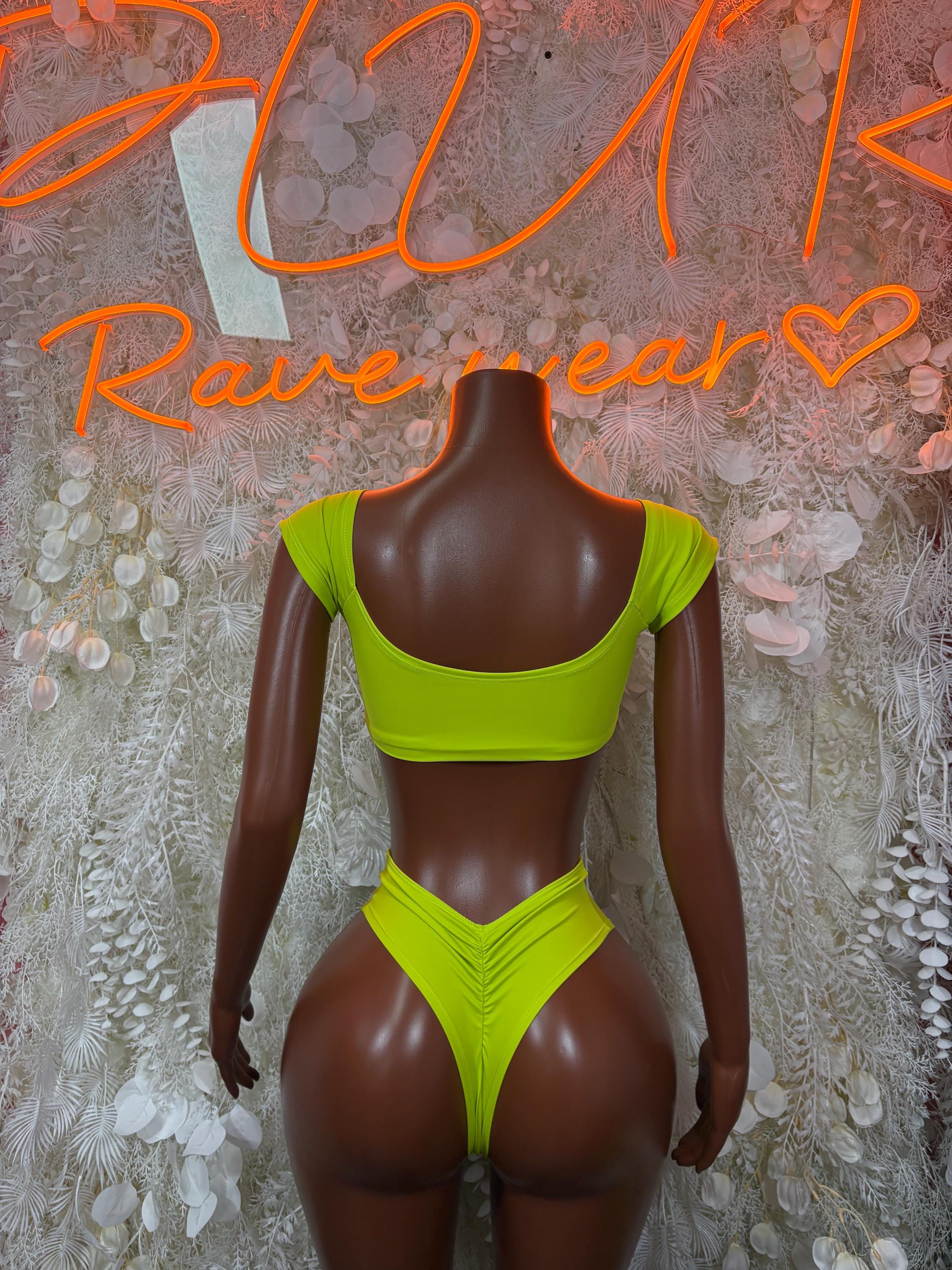Neon green two-piece set with scoop back crop top and high-rise bikini bottoms