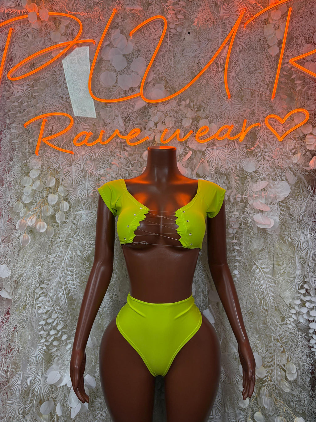Neon green two-piece set: ruched crop top and high-rise bikini bottoms