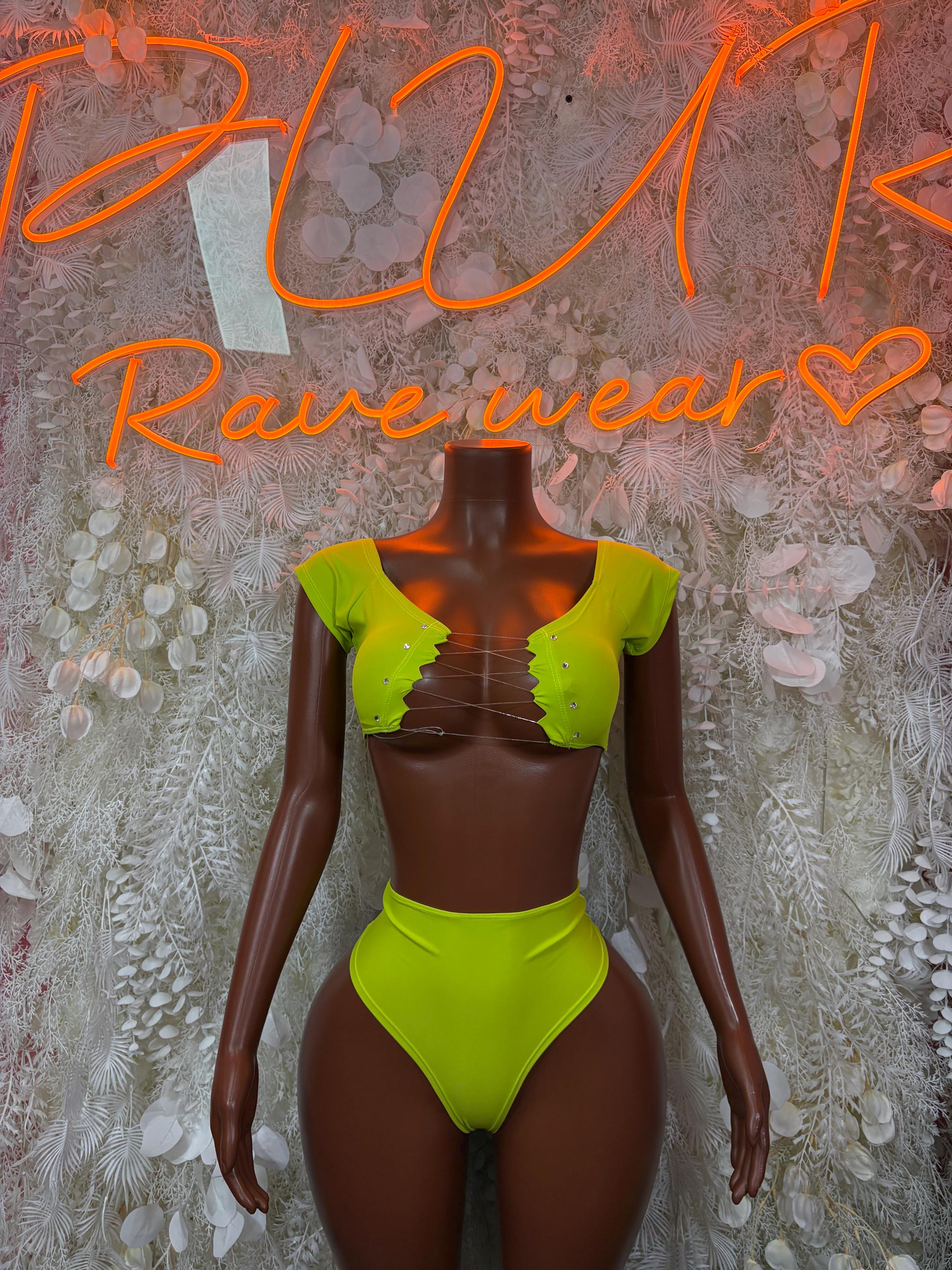 Neon green two-piece set: ruched crop top and high-rise bikini bottoms
