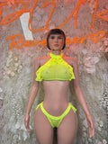 Neon green rave two-piece: halter ruffle crop top and tie thong bikini bottom
