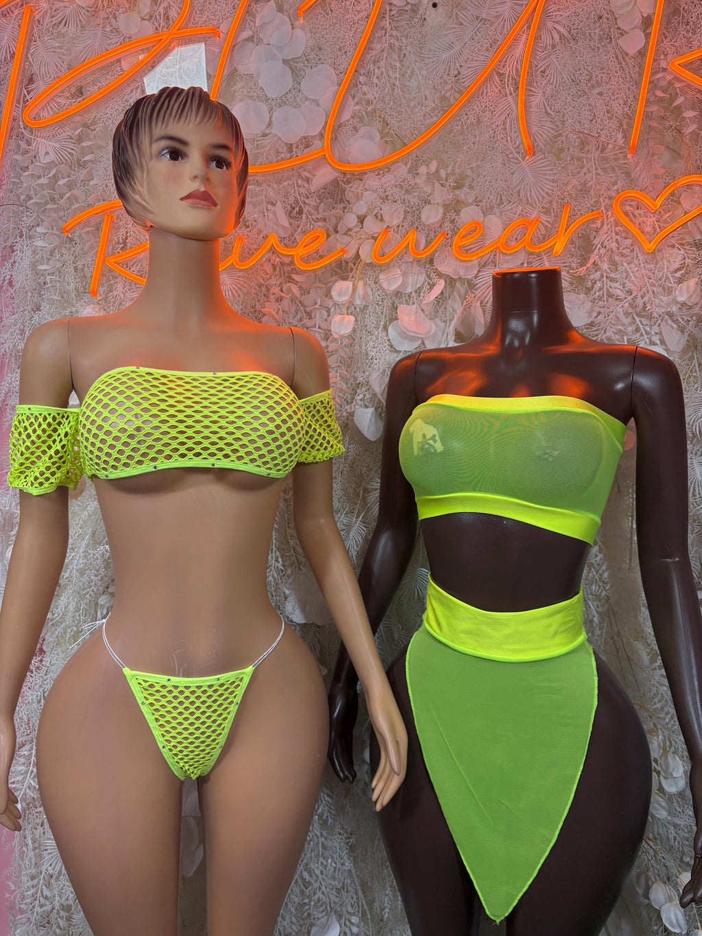 Neon green fishnet off-shoulder bikini with waist panel and high-cut bottoms