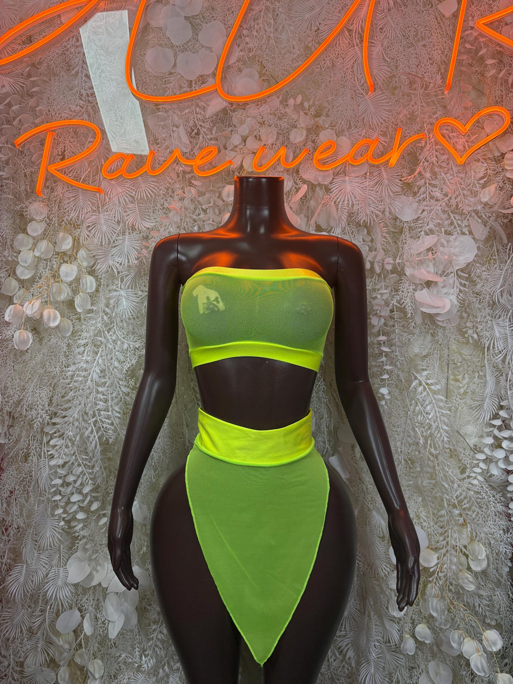 Neon green mesh two-piece set with bandeau top and high-waist triangle bottoms