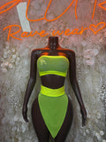 Neon green mesh two-piece set with bandeau top and high-waist triangle bottoms