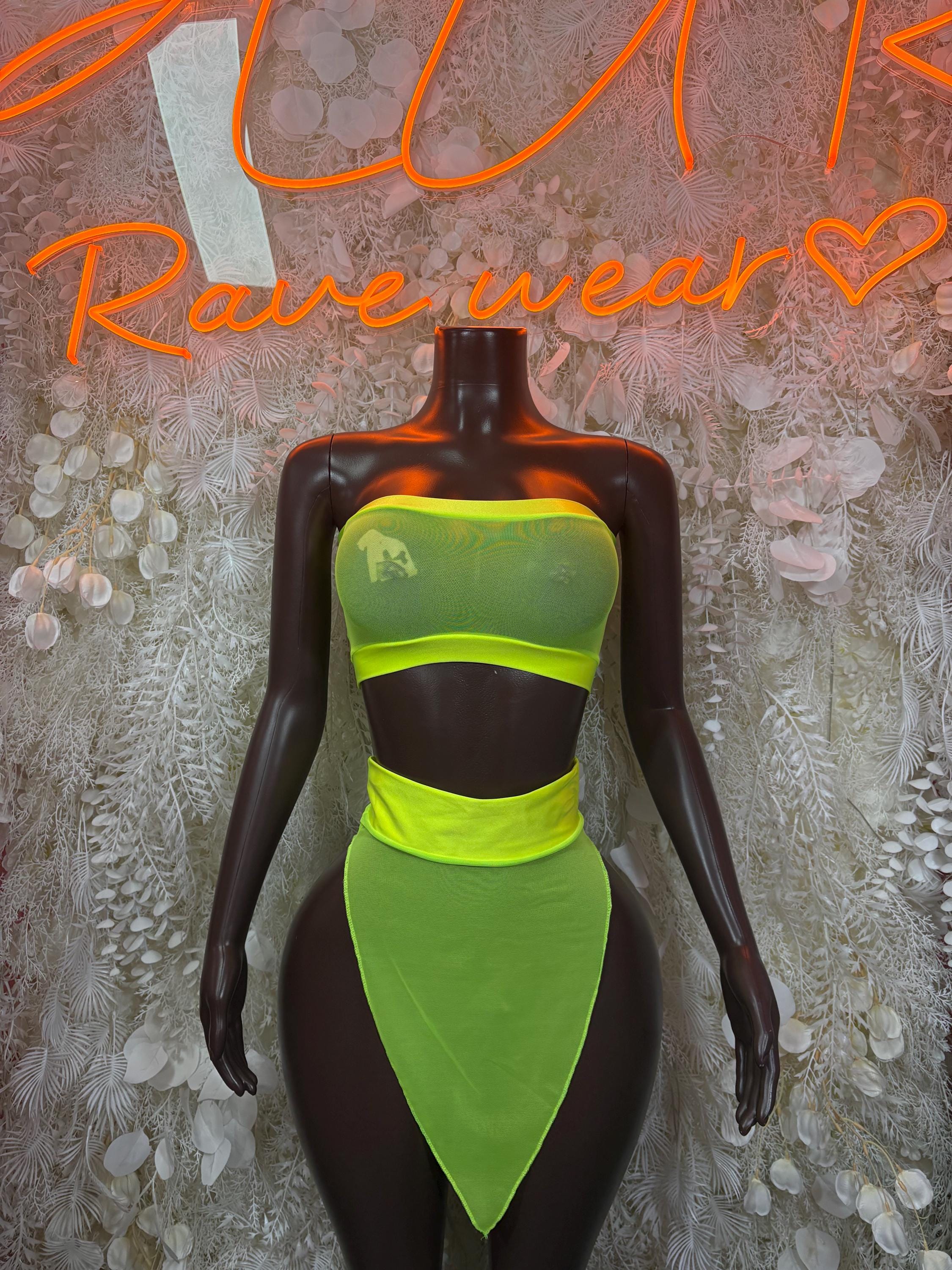 Neon green mesh two-piece set with bandeau top and high-waist triangle bottoms