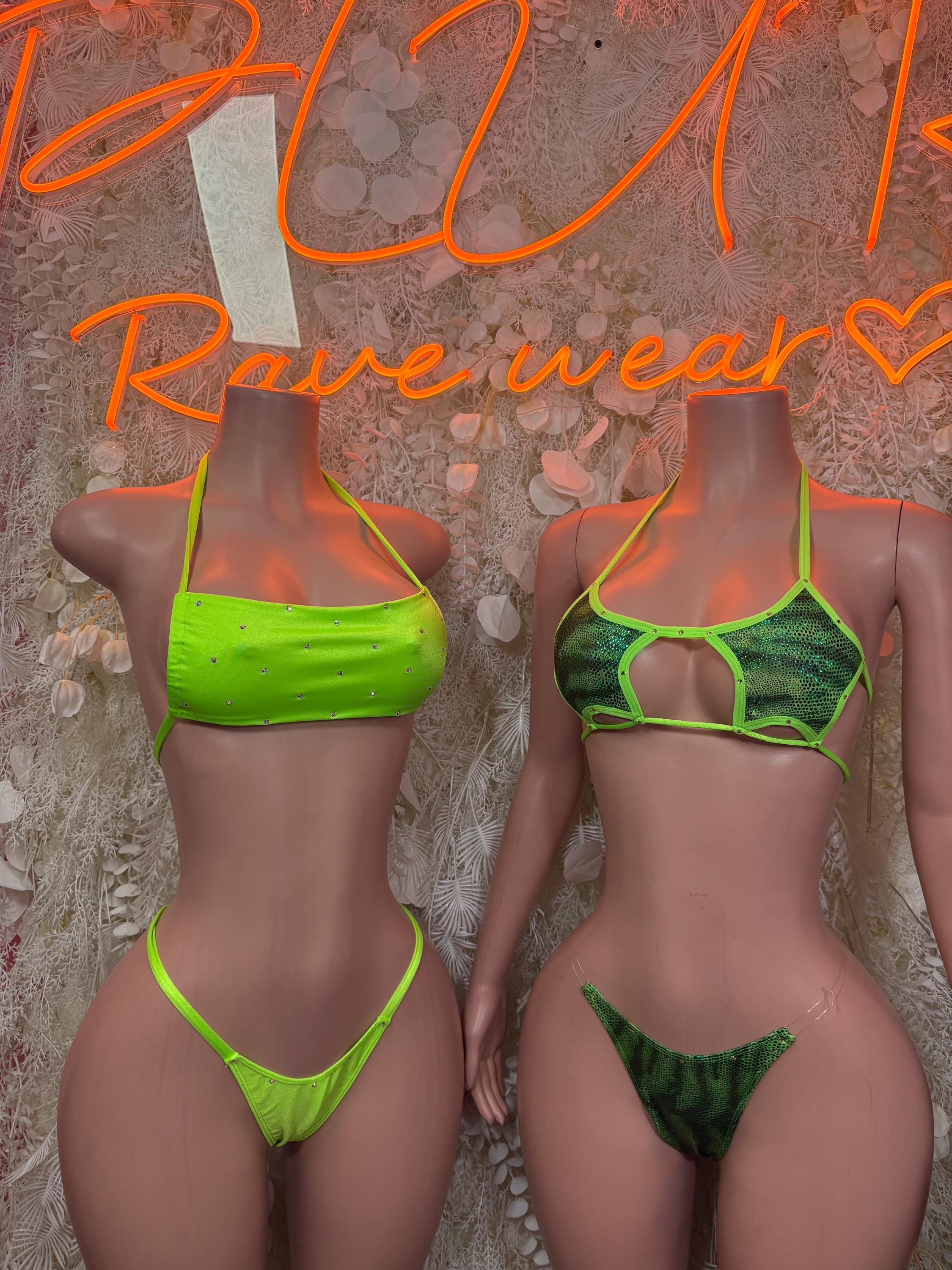 Two green bikini sets side-by-side: lime and dark green triangle tops with briefs