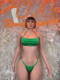Neon green bikini set with strappy triangle top and thong-style string bottoms