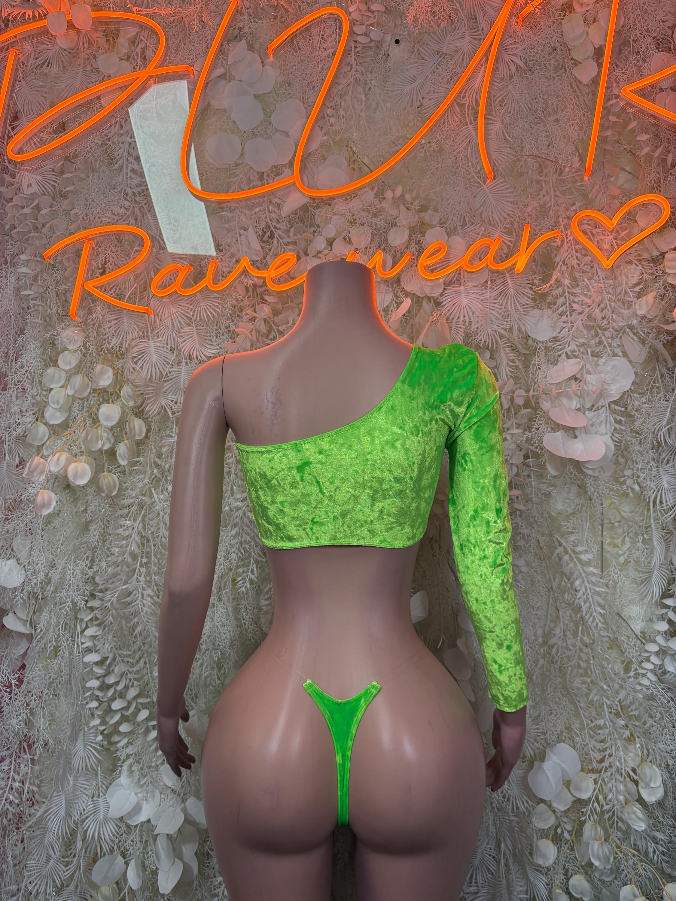 Green long-sleeve crop top with matching thong bikini bottoms
