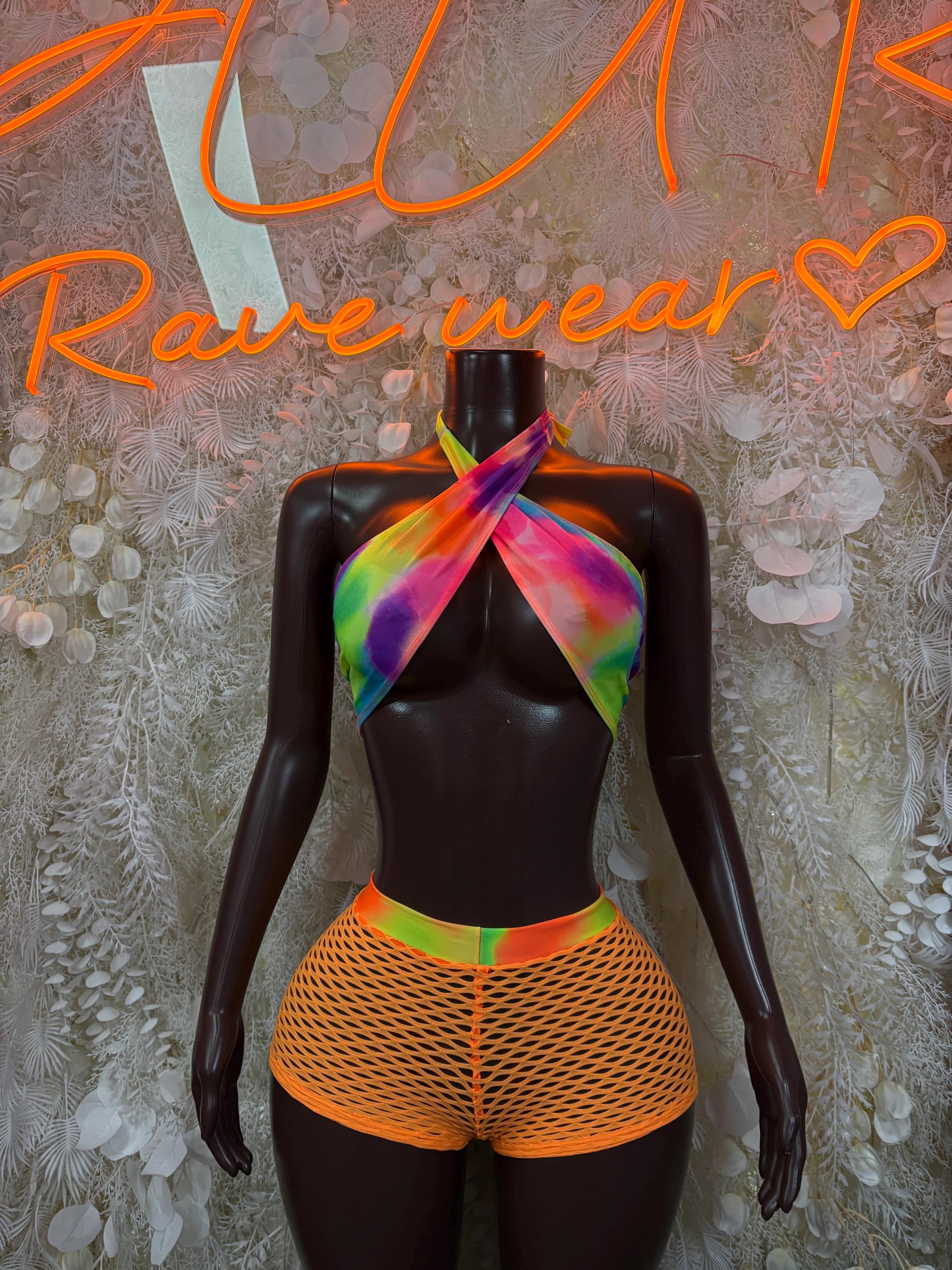 Orange festival bodysuit with rainbow halter ribbon and orange fishnet shorts