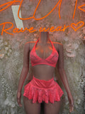 Coral-pink lace triangle bra and ruffled mini skirt set