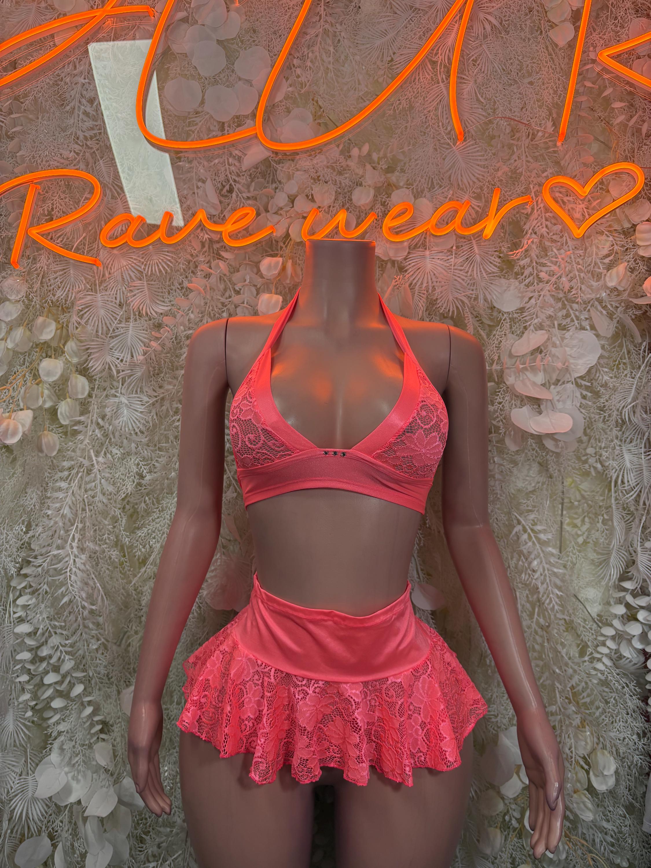 Coral-pink lace triangle bra and ruffled mini skirt set