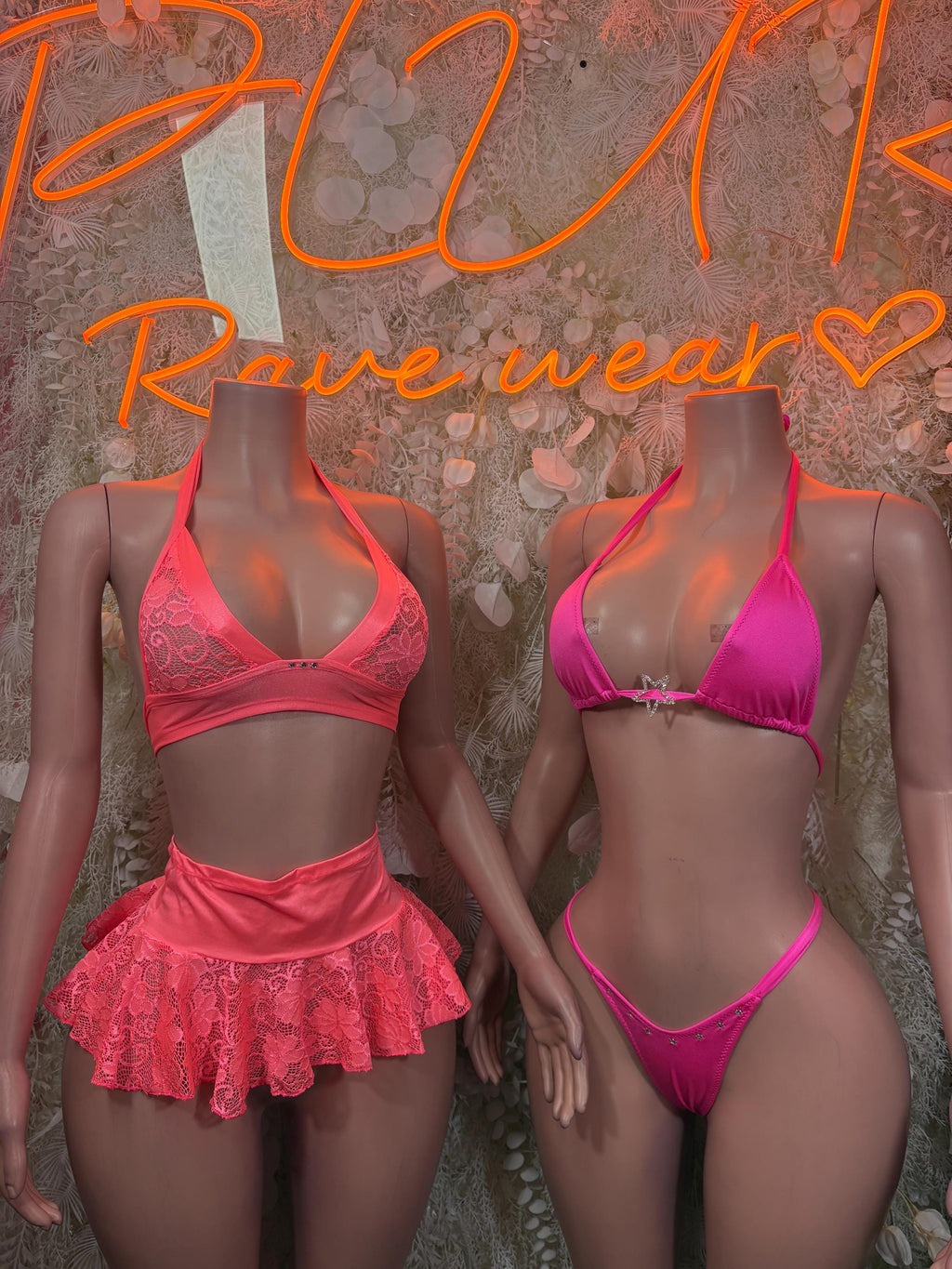 Coral-pink triangle bra and ruffled mini skirt set, front and back views