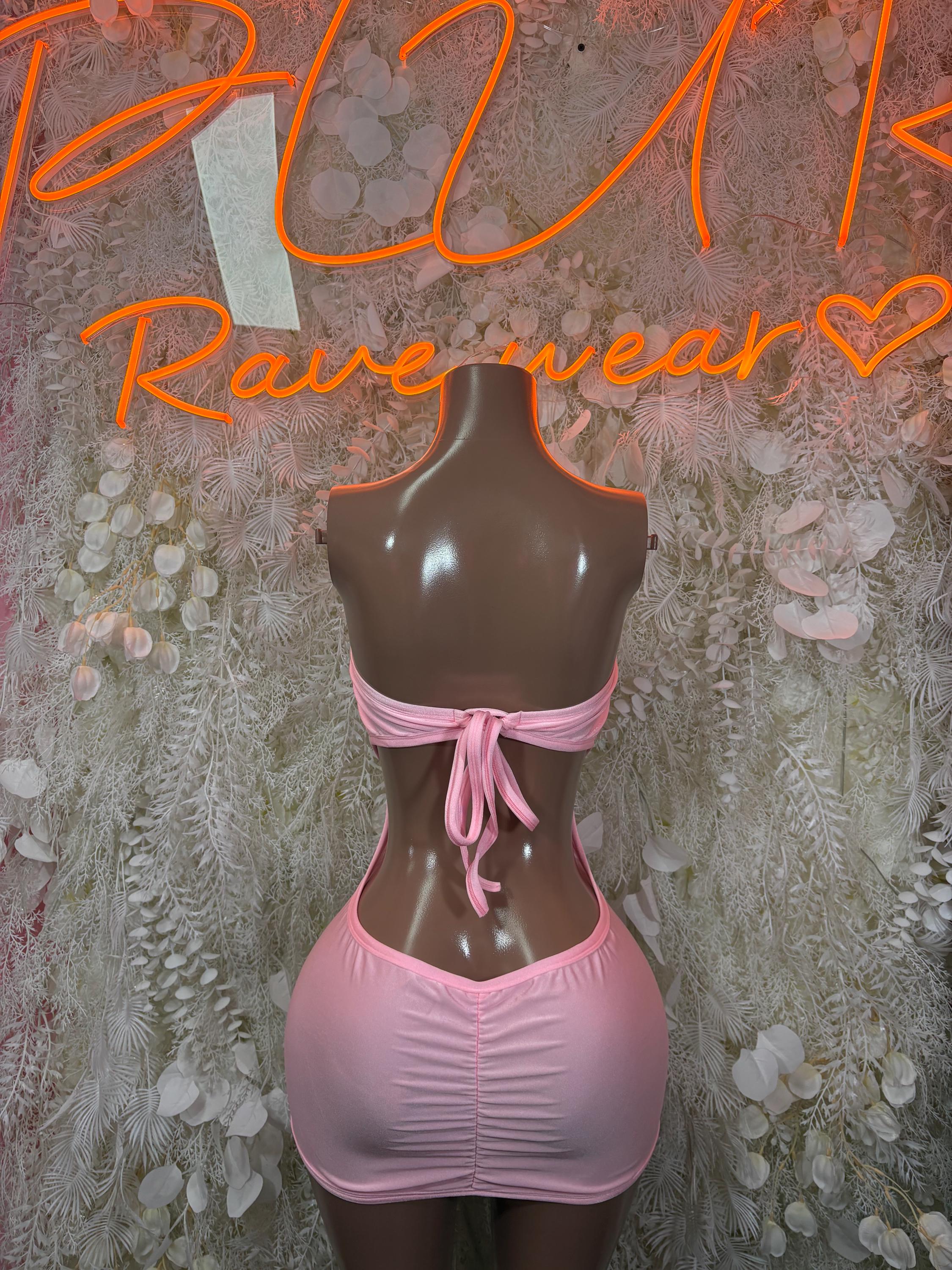 Light pink mini dress with off-shoulder tie straps and gathered waist