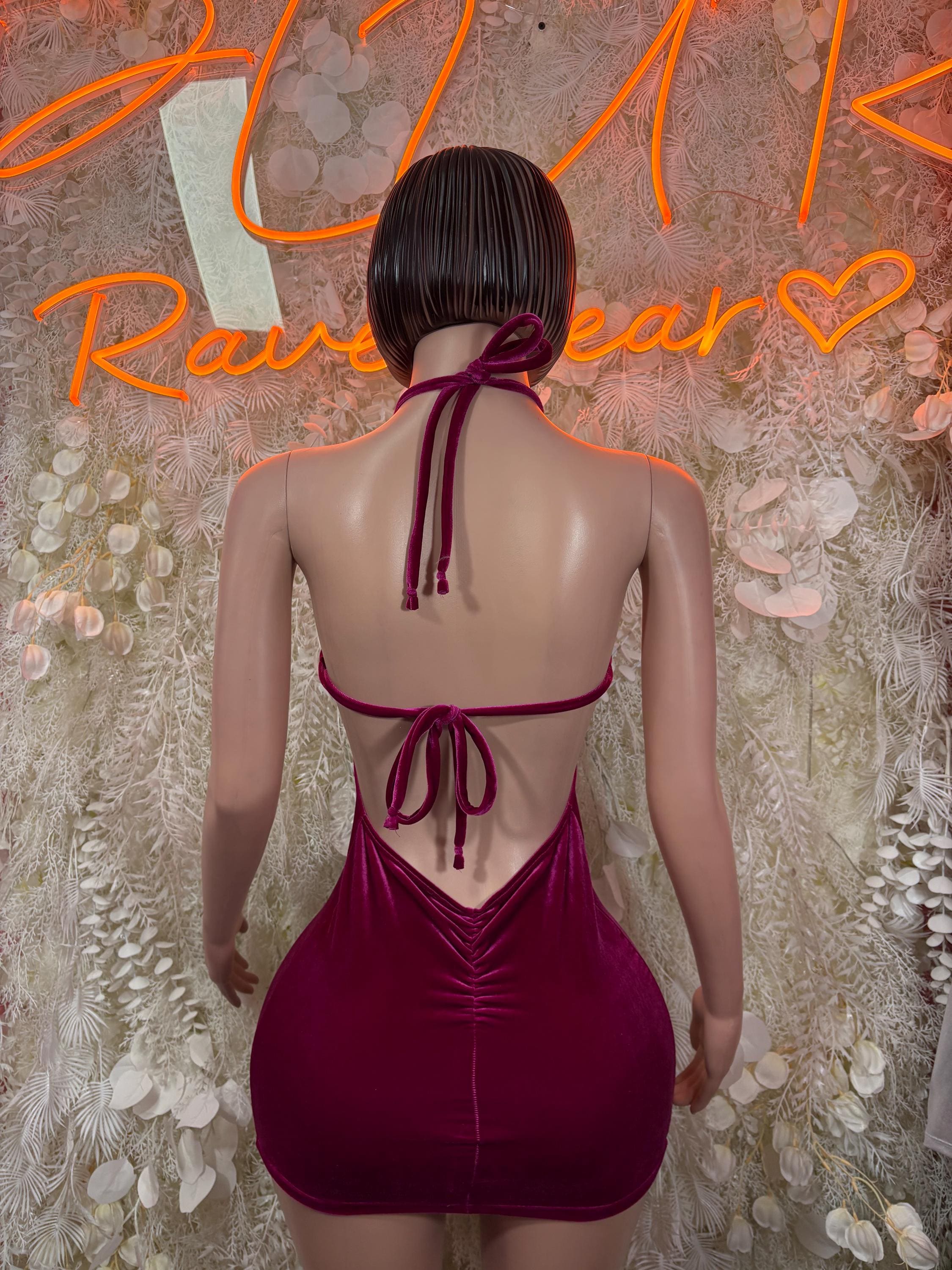 Purple backless mini dress with bow-tie crisscross back