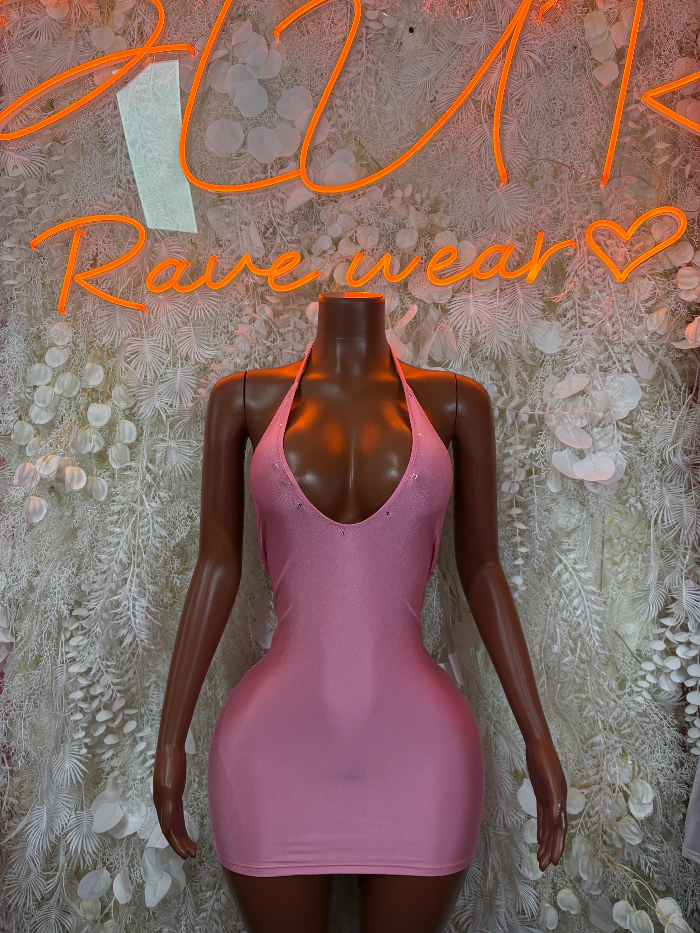 Pink mini dress with halter neckline and racerback straps