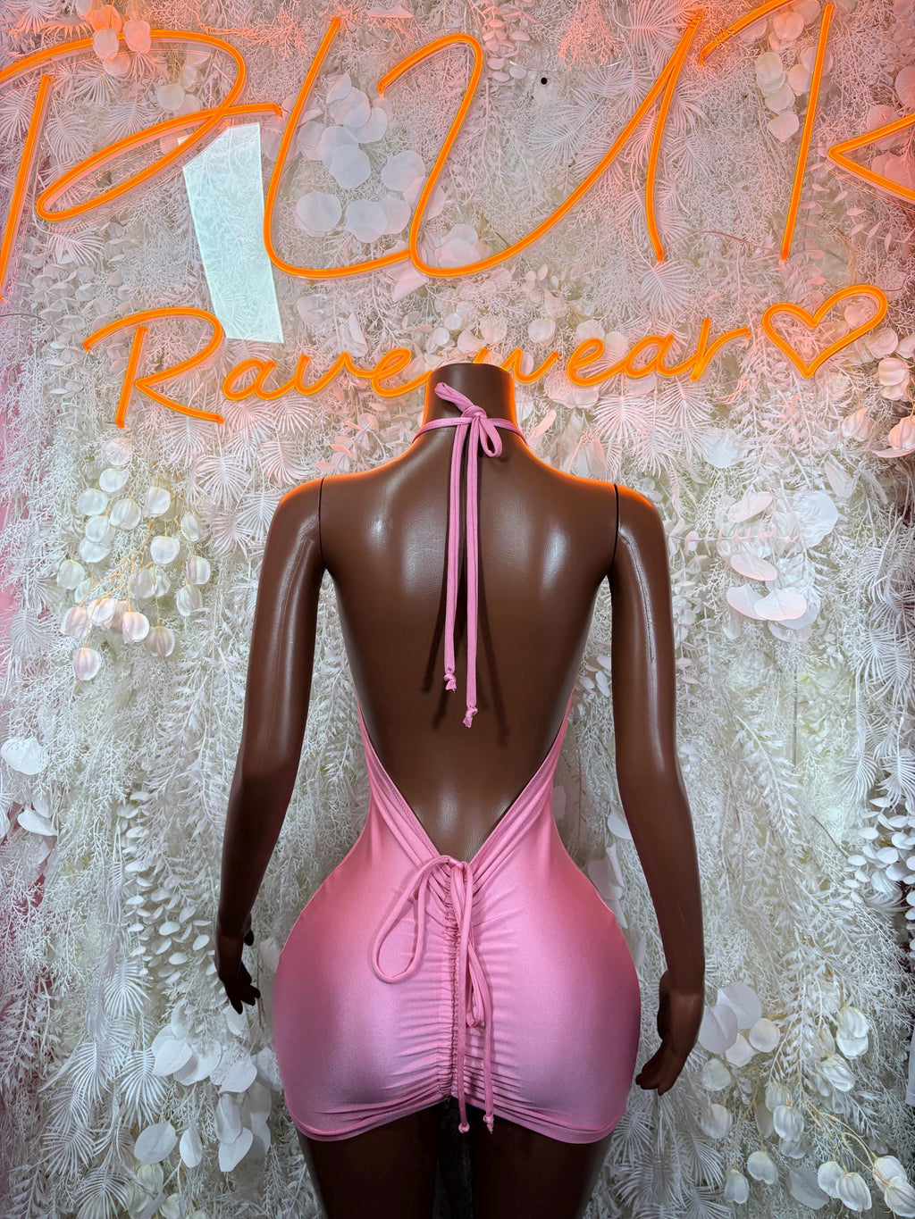 Pink mini dress, open back with halter ties and ruched back detail