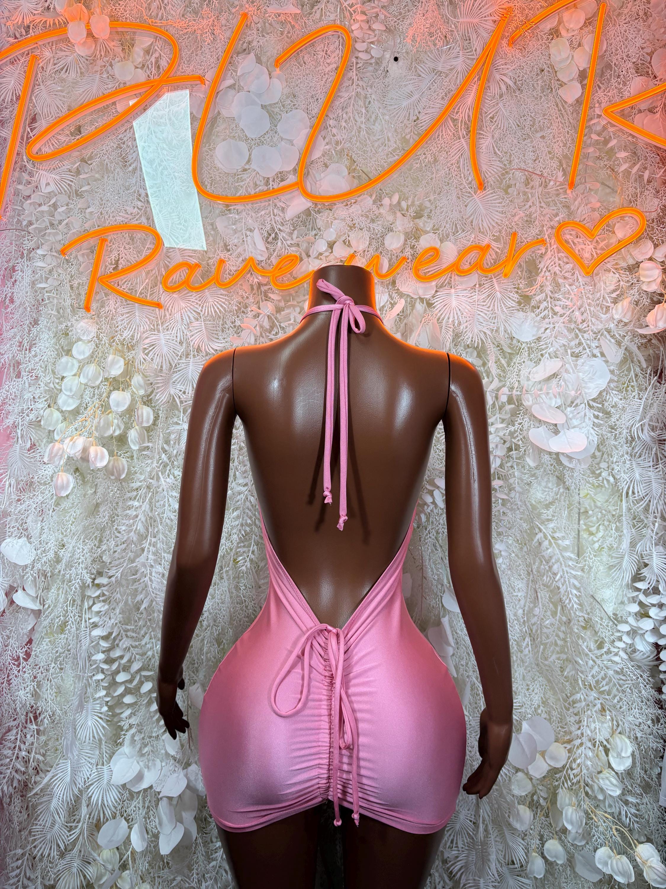 Pink mini dress, open back with halter ties and ruched back detail