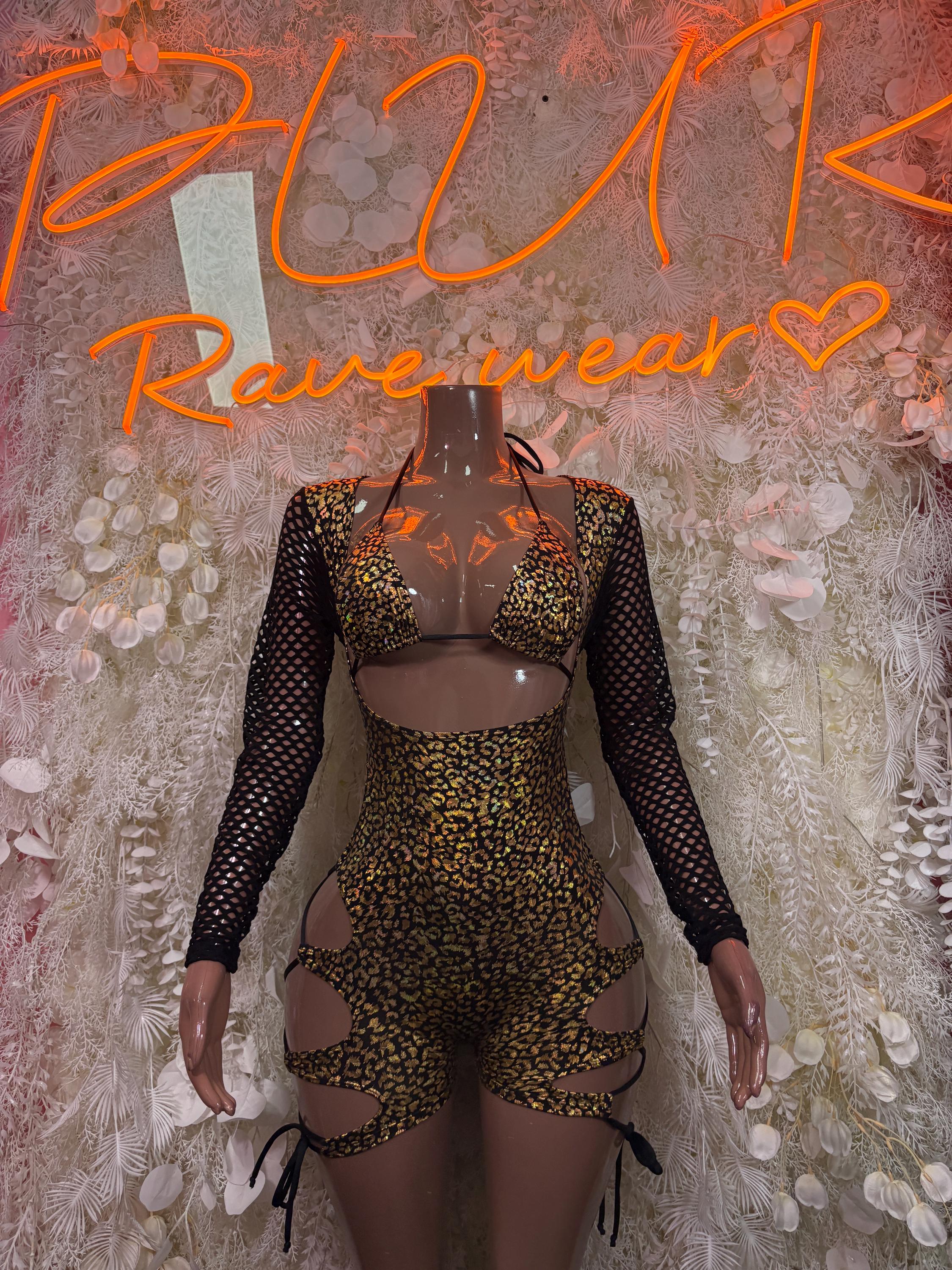 Gold cheetah-print bodysuit with sheer long sleeves and cutout waist, tie-front straps