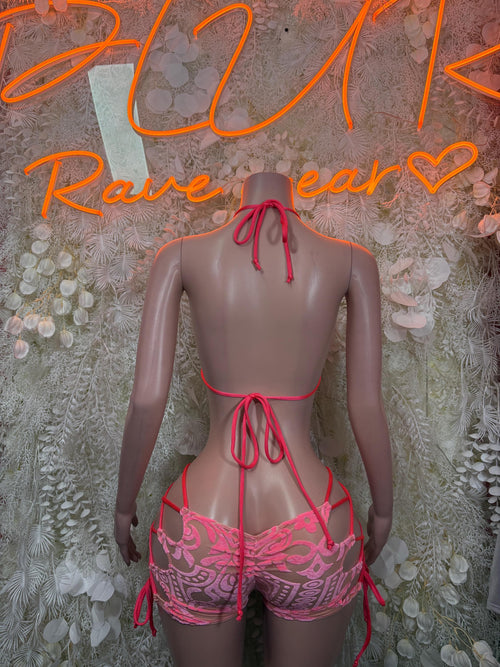 Coral two-piece bodysuit with lace halter back and matching drawstring shorts, back view