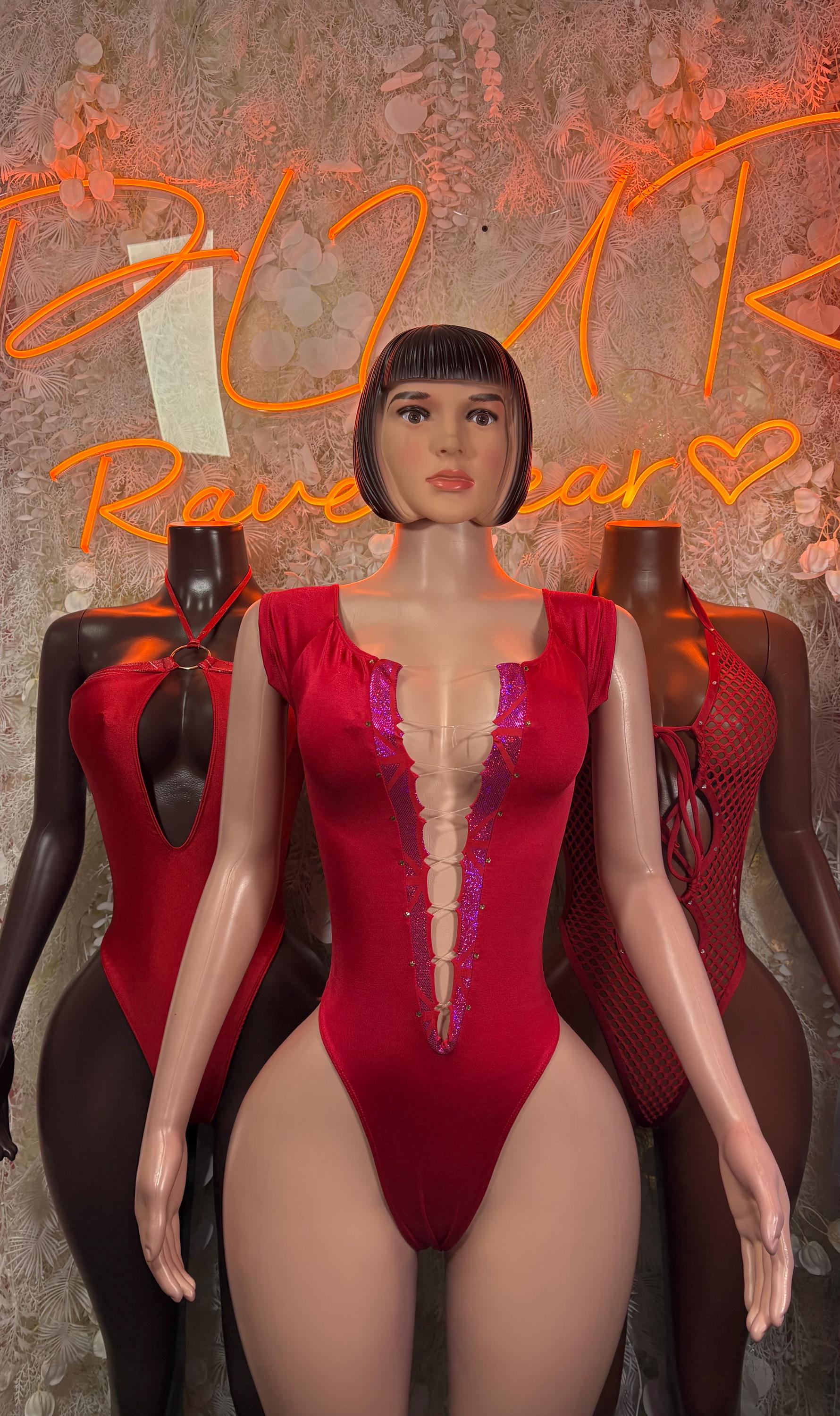 Red fishnet bodysuit with plunging V front and tie straps at bust