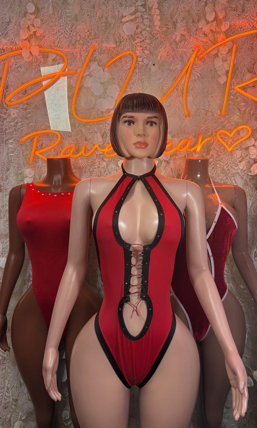 Red Bodysuit Rave Festival Outfit Women - Exotic Dancewear Stripper Clubwear Bottle Girl Ravewear - image 3