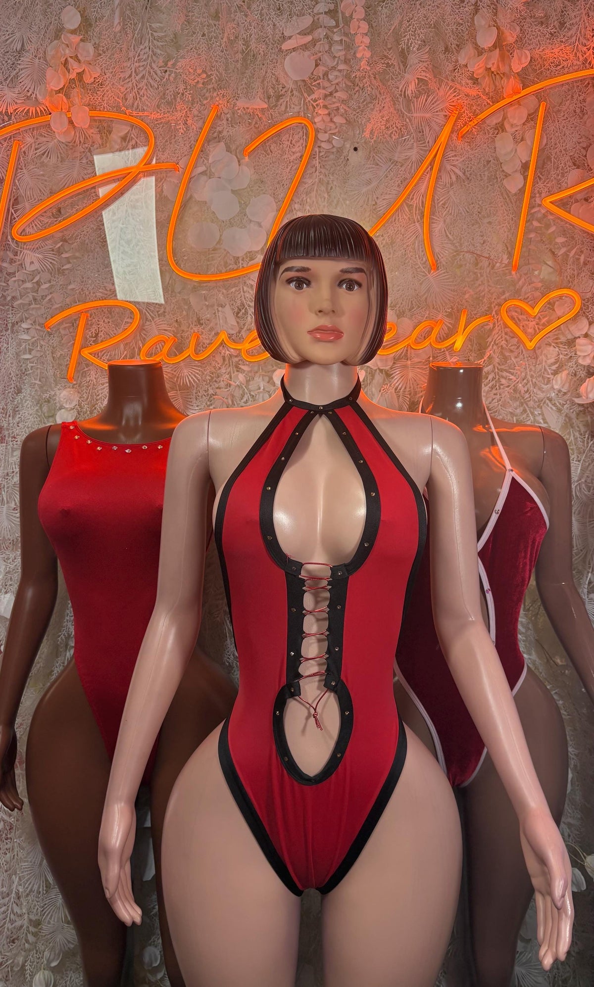 Red Bodysuit Rave Festival Outfit Women - Exotic Dancewear Stripper Clubwear Bottle Girl Ravewear - image 3