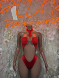 Red halter bodysuit with sweetheart neckline and keyhole cutout