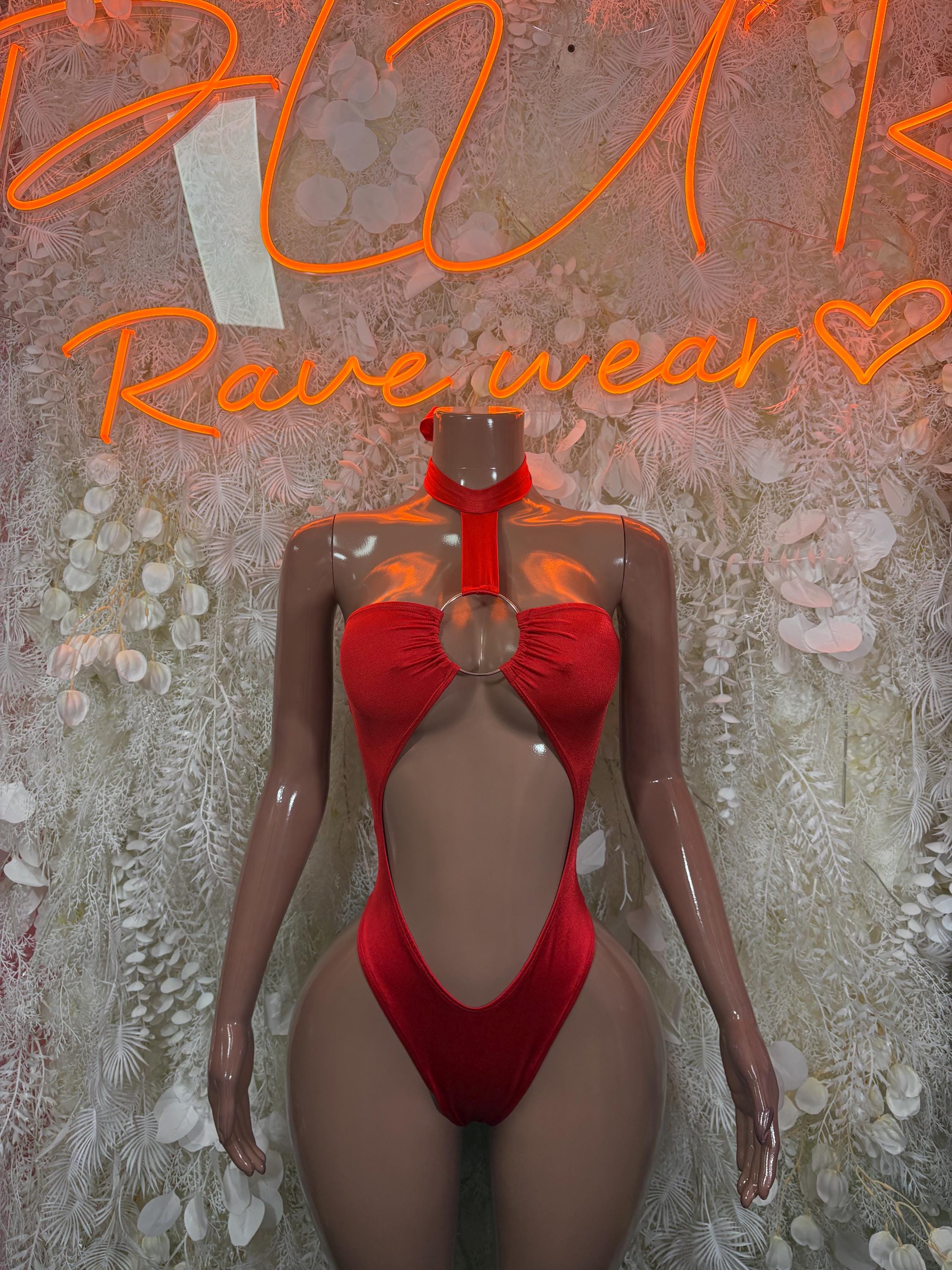 Red halter bodysuit with sweetheart neckline and keyhole cutout