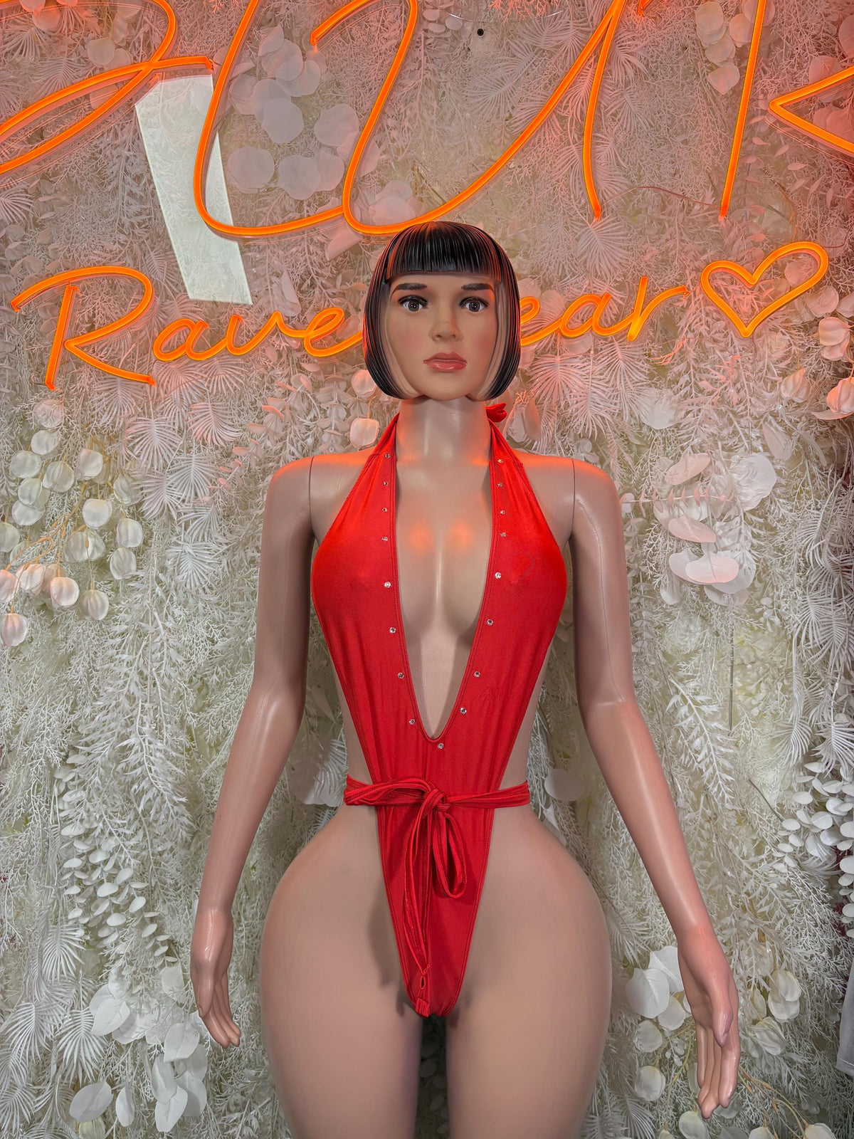 Red Bodysuit Rave Festival Outfit Women - Exotic Dancewear Stripper Clubwear Bottle Girl Ravewear