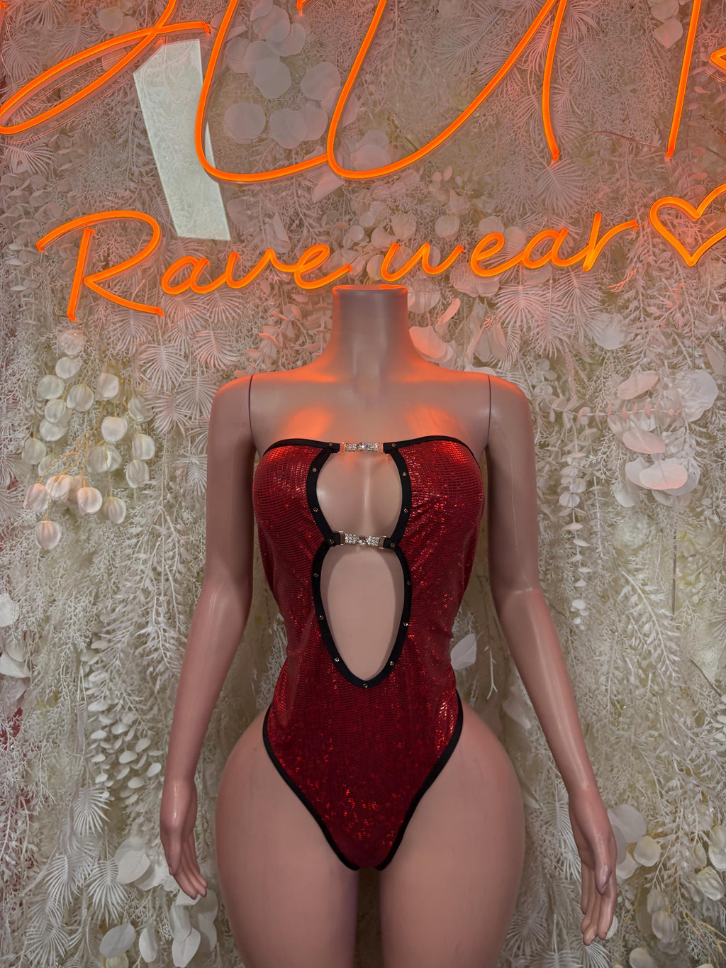 Red Bodysuit Rave Festival Outfit Women - Exotic Dancewear Stripper Clubwear Bottle Girl Ravewear