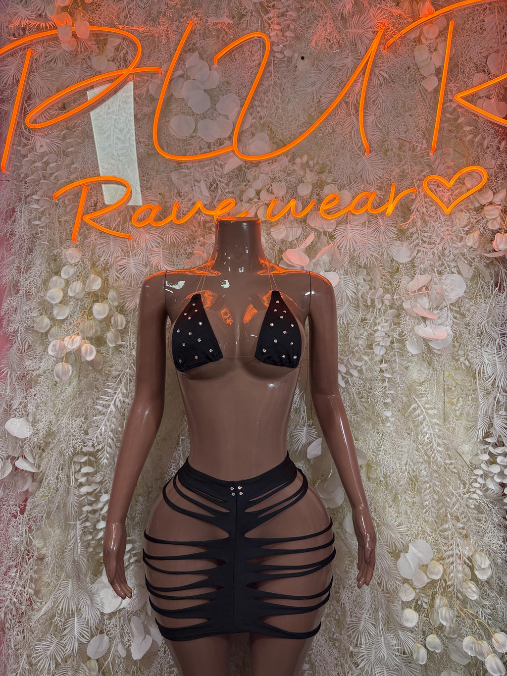 Black rhinestone two-piece bodysuit with triangle bra and strappy mini skirt