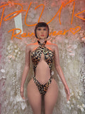 Leopard-print halter one-piece bodysuit with chest cutout and high-leg fit