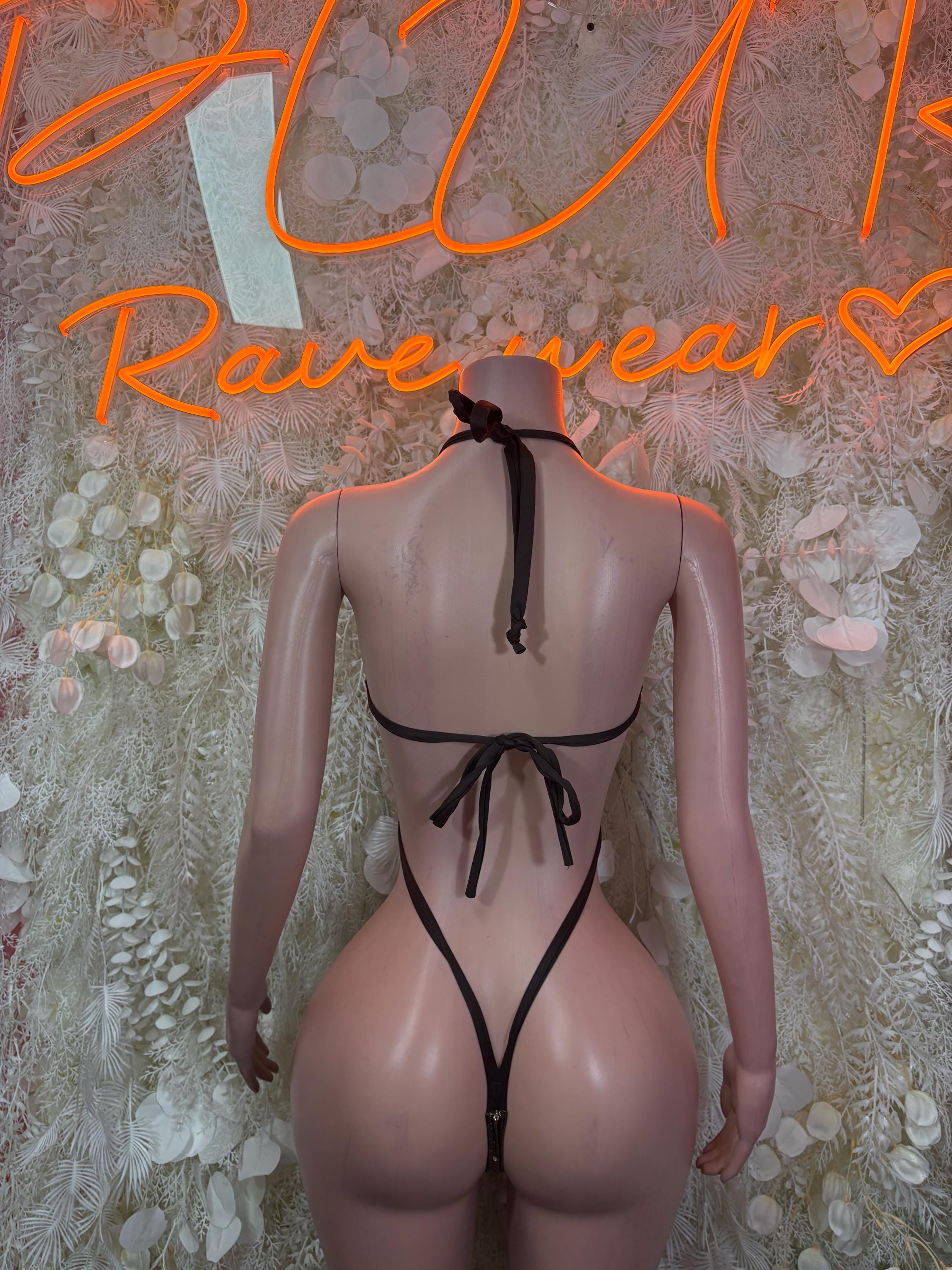 Brown metallic one-piece bodysuit, halter tie at back with minimal string coverage