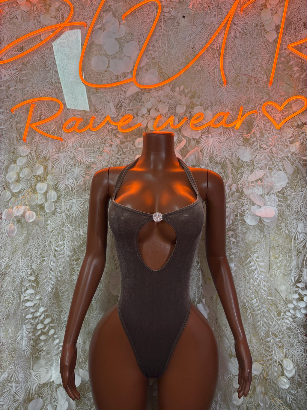 Brown velvet bodysuit with sweetheart neckline and heart-shaped bust cutout