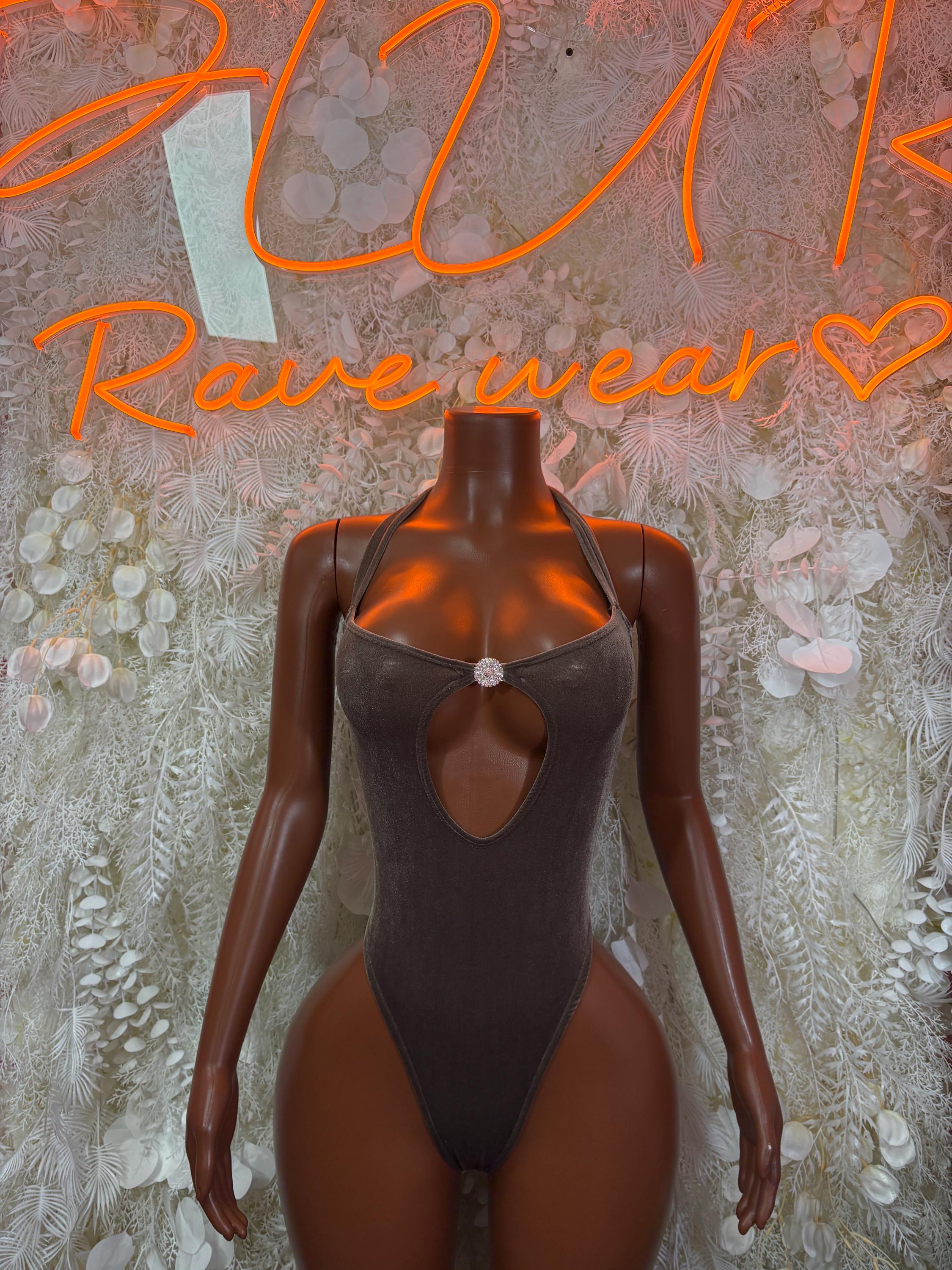 Brown velvet bodysuit with sweetheart neckline and heart-shaped bust cutout