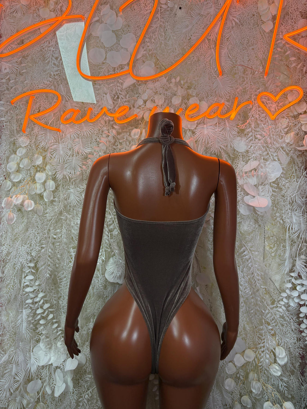 Brown velvet halter bodysuit with open back and neck tie