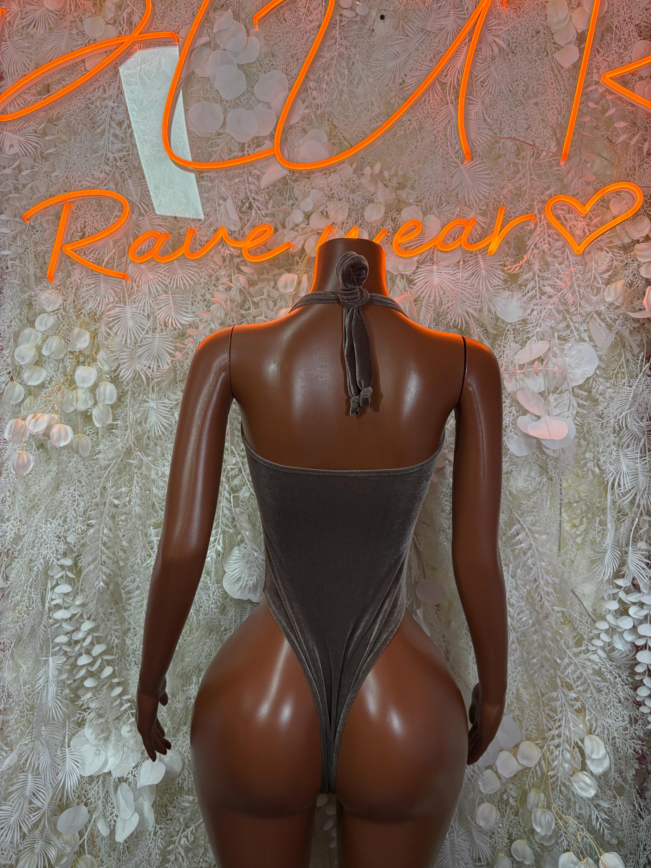 Brown velvet halter bodysuit with open back and neck tie