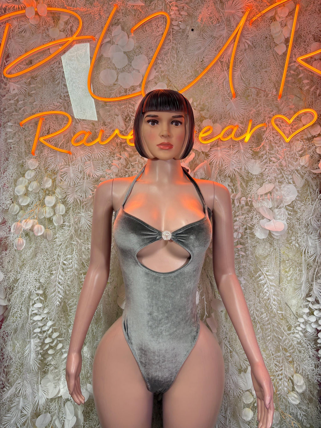 Grey velvet bodysuit with sweetheart neckline and front cutout, thin adjustable straps