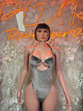 Grey velvet bodysuit with sweetheart neckline and front cutout, thin adjustable straps