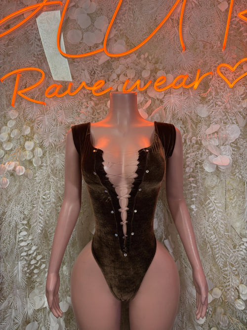 Dark velvet bodysuit with deep V neckline and front button placket