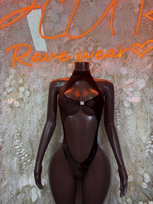 Dark brown velvet bodysuit with long sleeves, halter neck, and front keyhole cutout