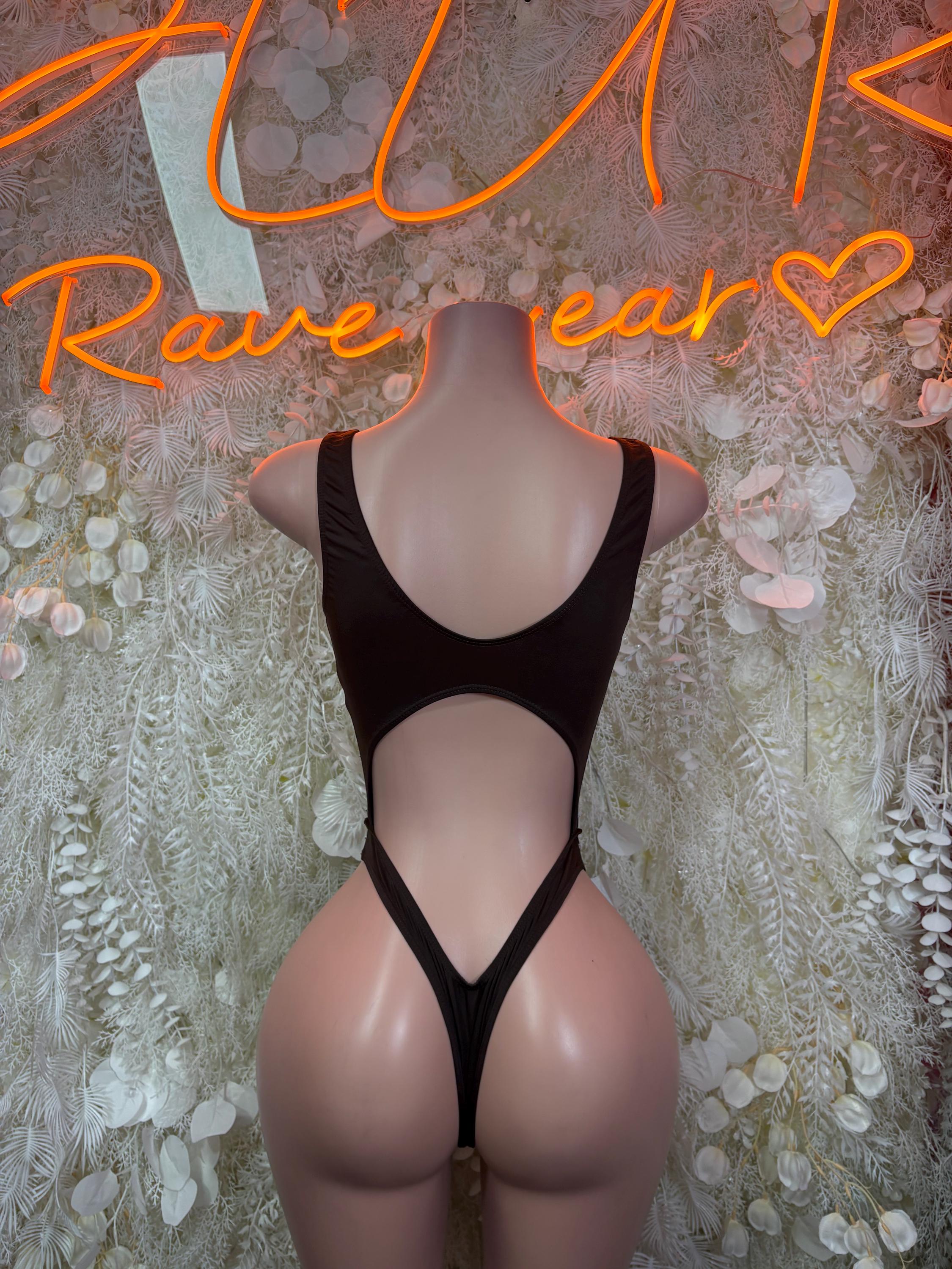 Black thong bodysuit with open back and deep V cut