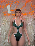 Green halter cutout bodysuit with white trim and deep V neckline