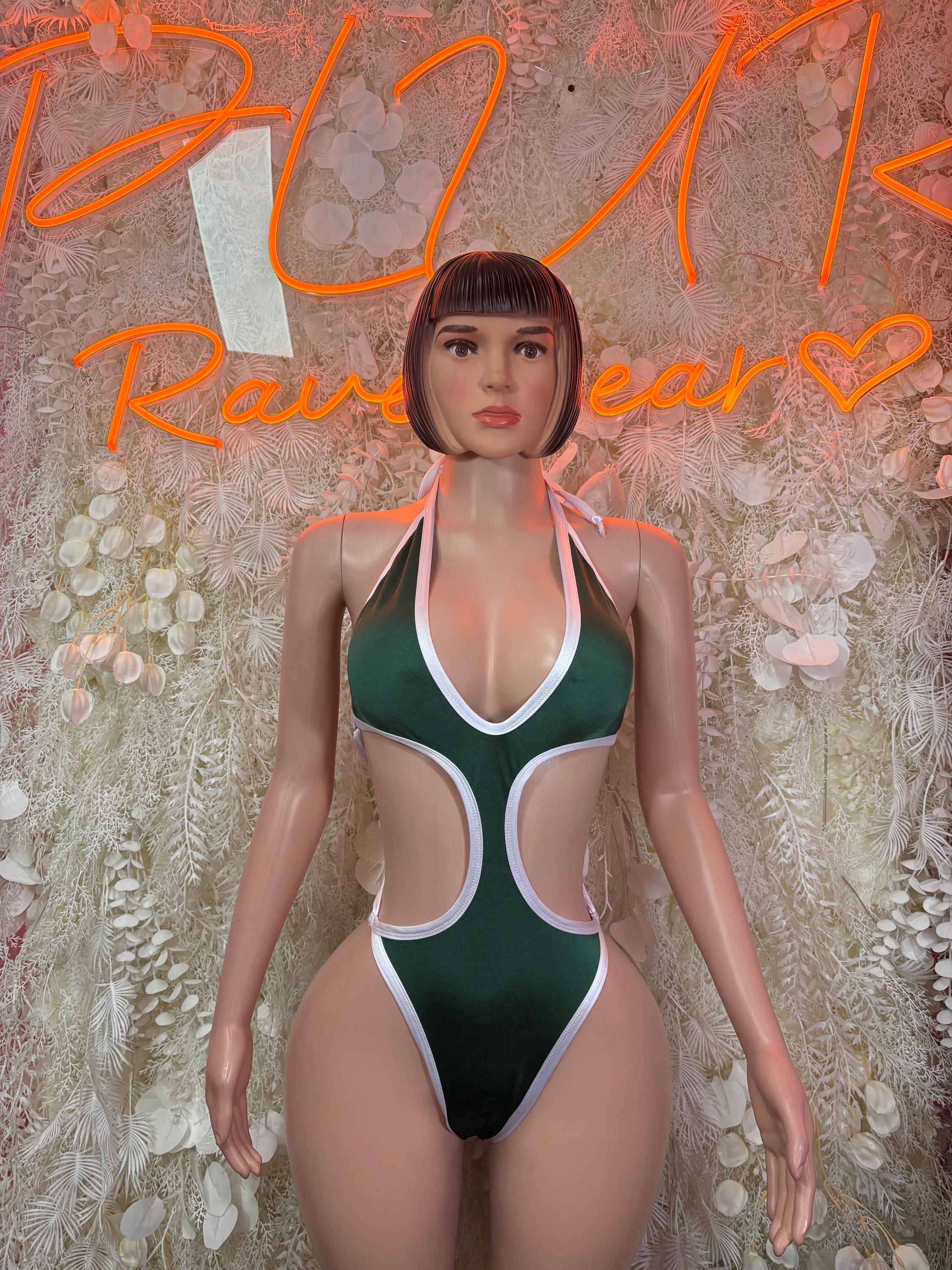 Green halter cutout bodysuit with white trim and deep V neckline