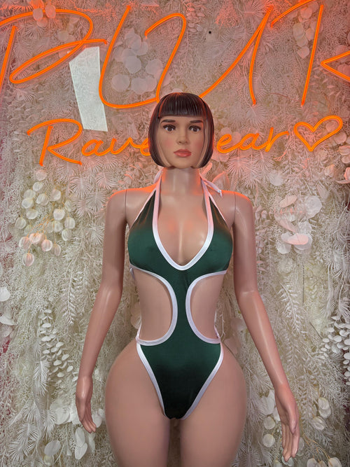 Green halter cutout bodysuit with white trim and deep V neckline